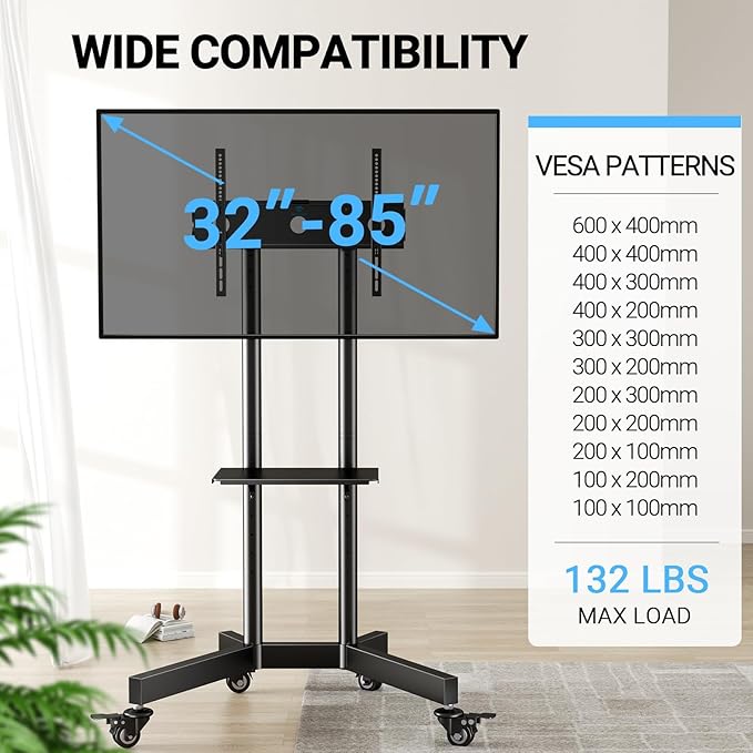 PERLESMITH Rolling TV Stand with Lockable Wheels for 32-86 Inch TVs Holds up to 132 Lbs, Height Adjustable Mobile TV Stand on Wheels with Laptop Shelf, Rolling Tv Cart Max VESA 600x400mm PSTVMC01