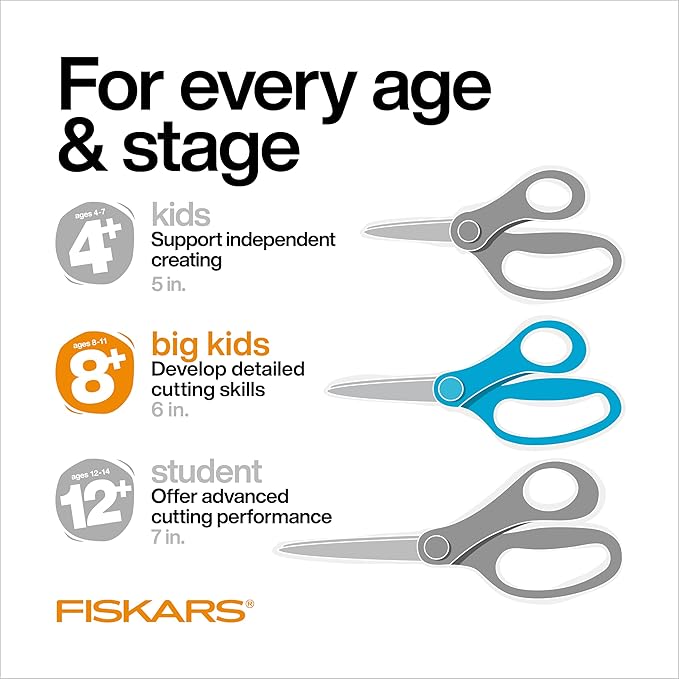 Fiskars 6" Left-Handed Big Kids Scissors for Ages 8-11, Scissors for School or Crafting, Back to School Supplies, Ombre Blue-Turquoise,(Pack of 2)