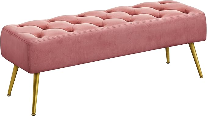 Yaheetech Modern Ottoman Bench Velvet Bench Upholstered Footrest for Living Room with Gold Metal Legs and Padded Seat Pink