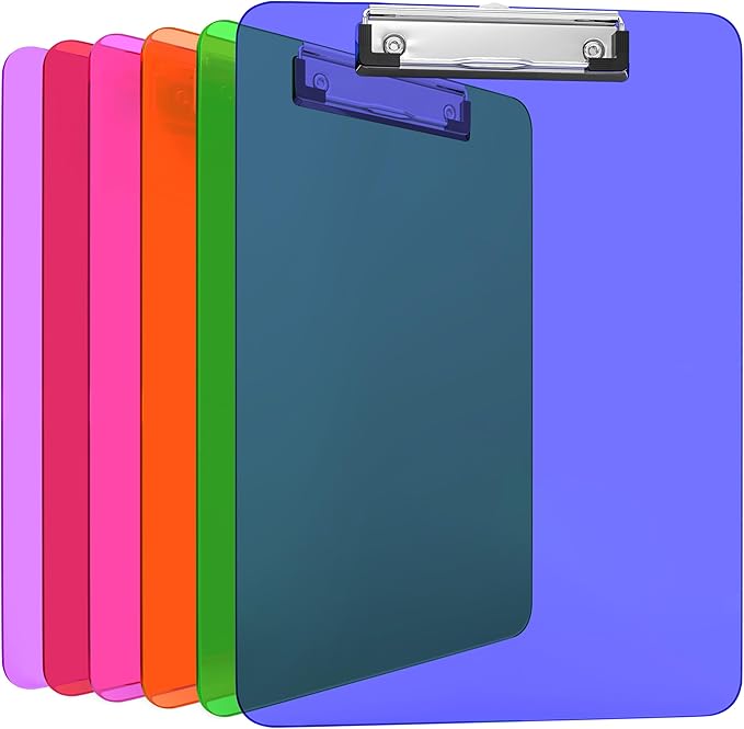 6 Pack Plastic Clipboards Colored Transparent Clear Clip Boards with Low Profile Metal Clip Board 12.5x9 Inch Letter Size Bulk Class Set Acrylic Clip Boards with Hanging Hook - Holds 100 Sheets