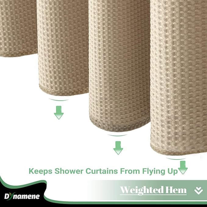 Dynamene 78 Inch Long Shower Curtain, Tall Waffle Fabric Shower Curtains for Bathroom, Hotel Waterproof Cloth Shower Curtain Liner Set with Hooks, Snap in Liner, Mesh Top Window, Beige, 72x78