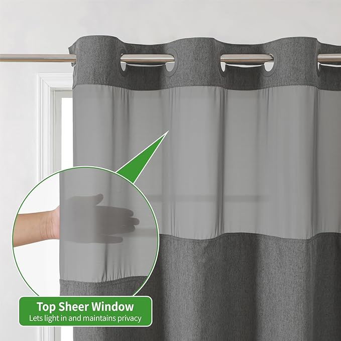 No Hooks Needed Linen Textured Shower Curtain with Snap-in Fabric Liner Set,Hotel Luxury Decor Waterproof Shower Curtains for Bathroom with Mesh Top Window,Washable,71Wx74H,Charcoal Grey