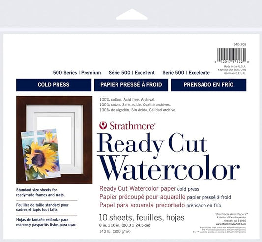 Strathmore 140-208 Ready Cut Watercolor, Cold Press, 8" x 10", White, 10 Sheets