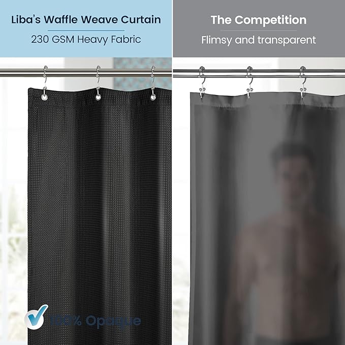 LiBa Waffle Weave Fabric Black Shower Curtain, 72 W x 72 H Water Repellent & Heavyweight, Hotel Quality & Machine Washable Cloth Linen Shower Curtains Set and for Bathroom