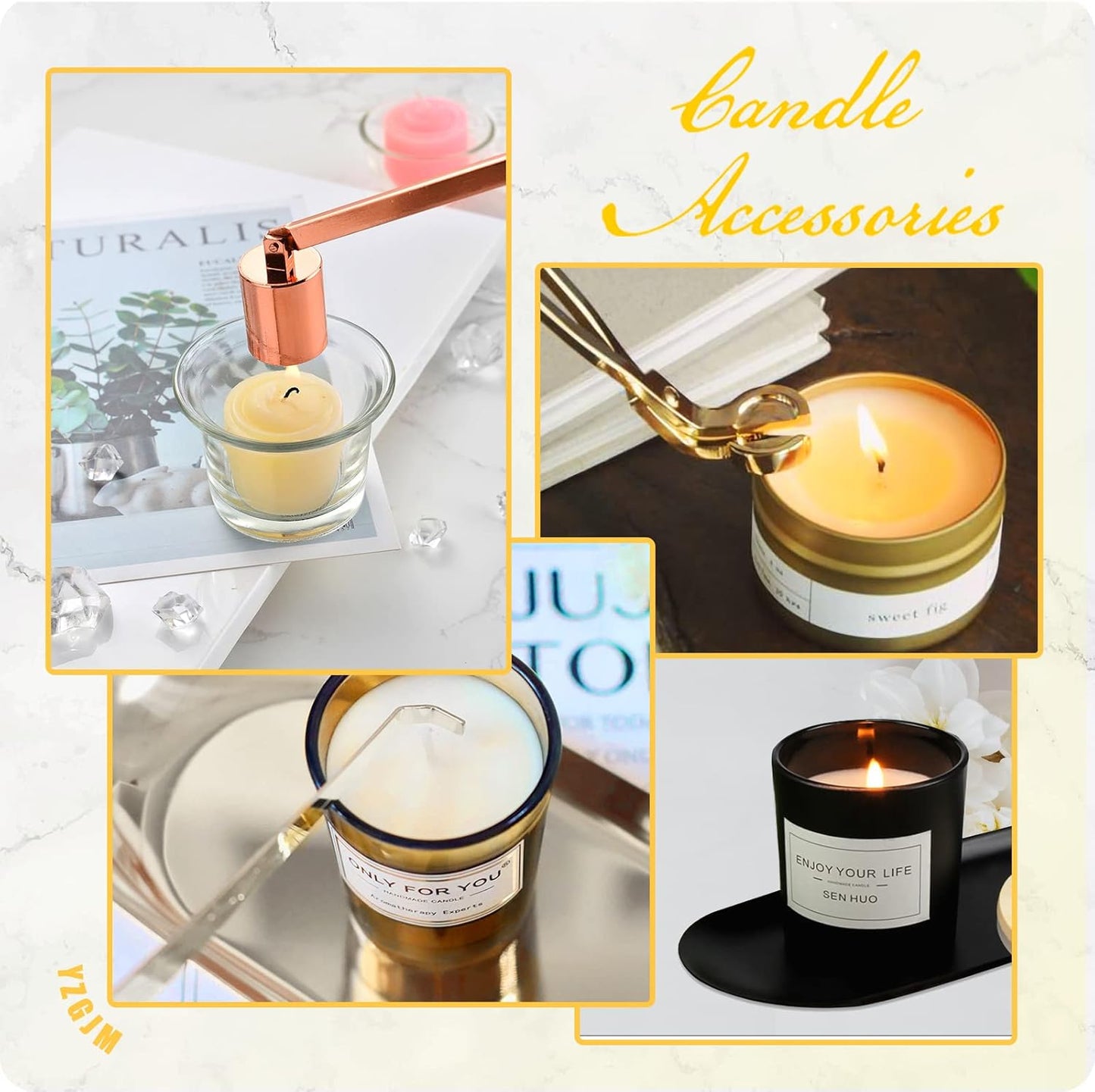Exquisite Candle Accessories Tool Pack Bag, Rechargeable Electric Lighter， Wick Trimmer, Dipper, Snuffer and Tray Holder Elegant Kit Gift for Candle Lovers in Dating, Valentines Decor. (French Gold)