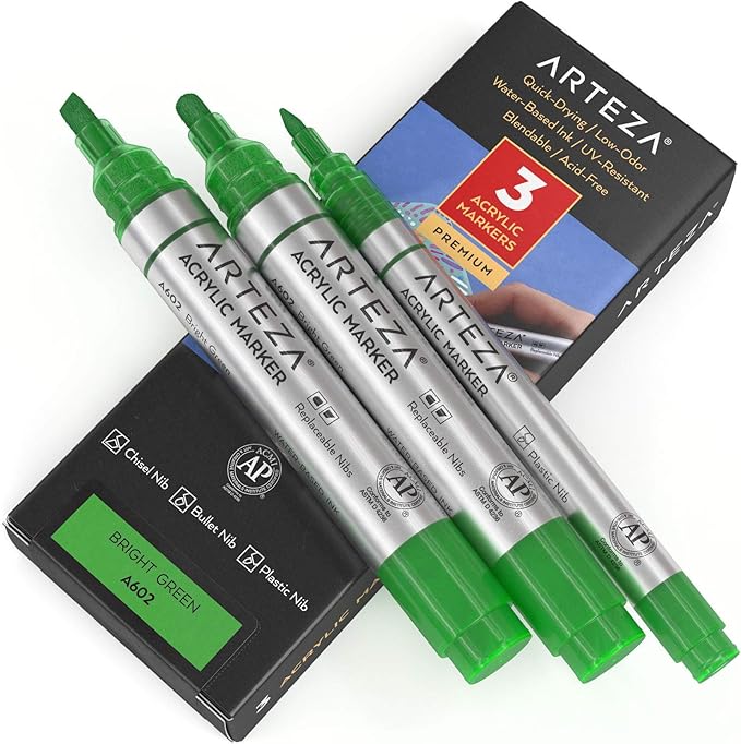ARTEZA Acrylic Paint Markers, Pack of 3, A602 Bright Green, 1 Thin and 2 Thick (Chisel + Bullet Nib) Acrylic Paint Pens, for Metal, Canvas, Rock, Ceramic Surfaces, Glass, Wood, and Fabric