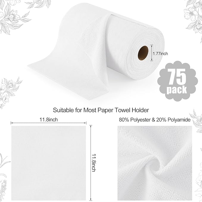 Homaxy Tear Away Dish Cloths Rolls, 75 Sheets-11.8" X 11.8", Reusable Washable Dish Towels for Kitchen, Ultra Absorbent and Quick Drying Microfiber Cleaning Rags, White