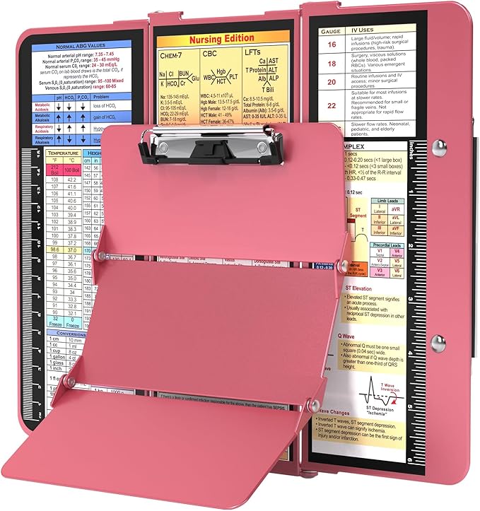 Nursing Clipboard Foldable, Foldable Clipboard w/Nursing Edition Cheat Charts,3 Layers Aluminum, Nurse Clip Board w/Low Profile Clip&Pen Clip Pocket for Students, Nurses and Doctors, Rose