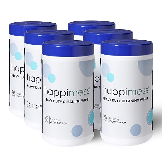 happimess WPE1001A-6SET Heavy Duty Cleaning Wipes, Multi-Purpose Multi-Surface Household Wipes, Extra Strong Cleaner for Kitchen, Bathroom, and Pet Messes, Unscented, 75 Count, Pack of 6