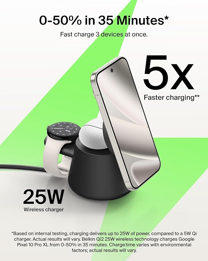 Belkin 3-in-1 Wireless Charging Station for Samsung Galaxy S26, Android - Qi2.2 25W Magnetic Charger for Pixel 10, iPhone 17, USB C Port for Galaxy, Pixel, & Apple Watch (Watch Charger Not Included)