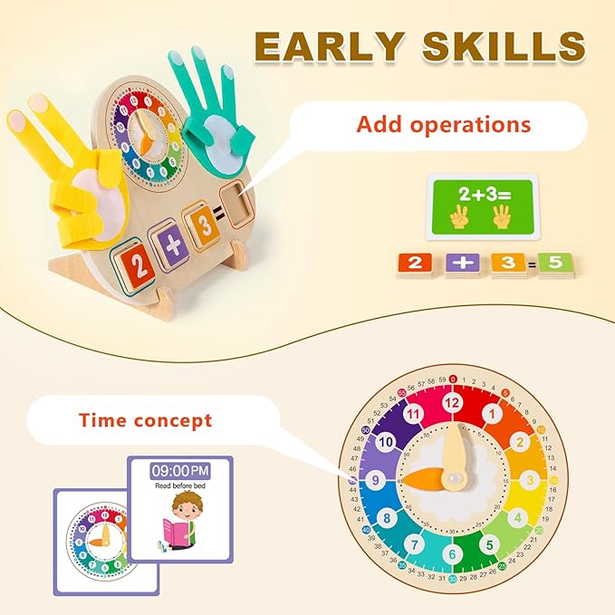 Educational 2 in 1 Math Manipulatives Number Counting Blocks & Teaching Clock for Kids, Preschool Learning Toys for Toddlers 3-5, Montessori Toys for 3-5 Year Old Boys Girls Birthday Gifts