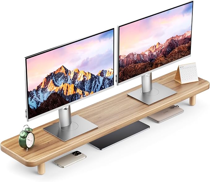 Dual Monitor Stand Riser, 39 Inch Extra Long Wooden Desktop Monitor Riser with Storage for 2 Monitors Ultra Strong Desk Shelf Organizer Riser Ergonomic for 2 Screens/Laptop/PC/TV/Printer, Light Walnut