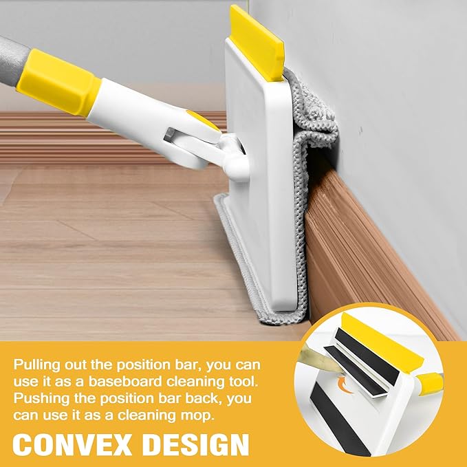JEHONN Baseboard Cleaner Tool with Handle, 56 inches Base Boards Cleaning Mop Scrubber, 1 Stiff Bristles Brush, 2 Chenille and 2 Microfiber Pads, Wall Duster for Floorboard Ceiling Window (Yellow)