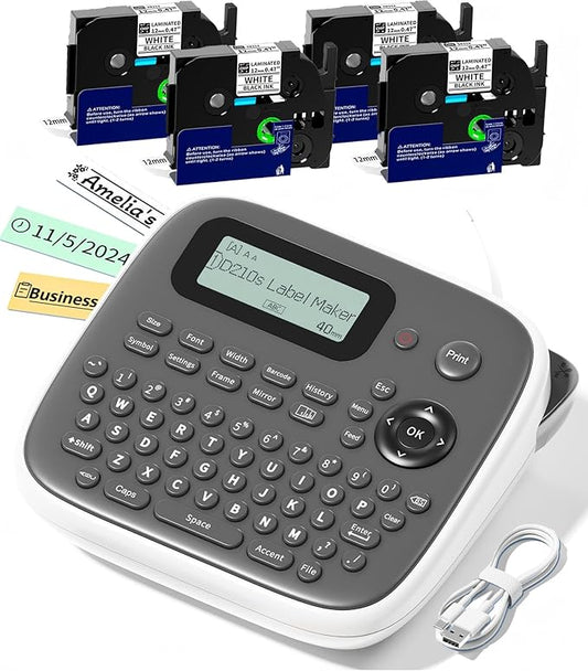 Label Maker, Labeler Machine with 4 Tapes, 12mm 0.47 Laminated White, D210s Desktop Label Printer for File Folder Labels/Daycare Name Tags, School Office Teacher Supplies