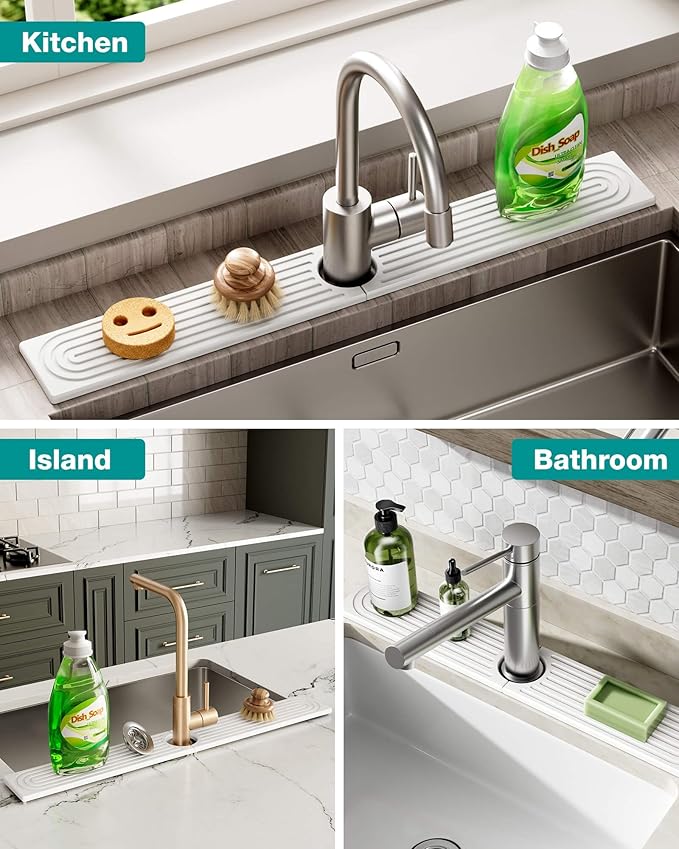 Stone Faucet Mat for Kitchen Sink, Diatomite Sink Protectors - Prevent Moisture Drying Stone Tray Fit Kitchen Counter & Bathroom Counter (White, 23.6" x 4")