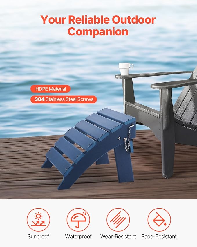 VEVOR Adirondack Ottoman, 15.7L x 18.9W x 13H Inch HDPE Plastic Folding Adirondack Ottoman, Weather-Resistant Foot Rest for Adirondack Chair, Widely Used for Outside Porch Pool Lawn Backyard, Blue