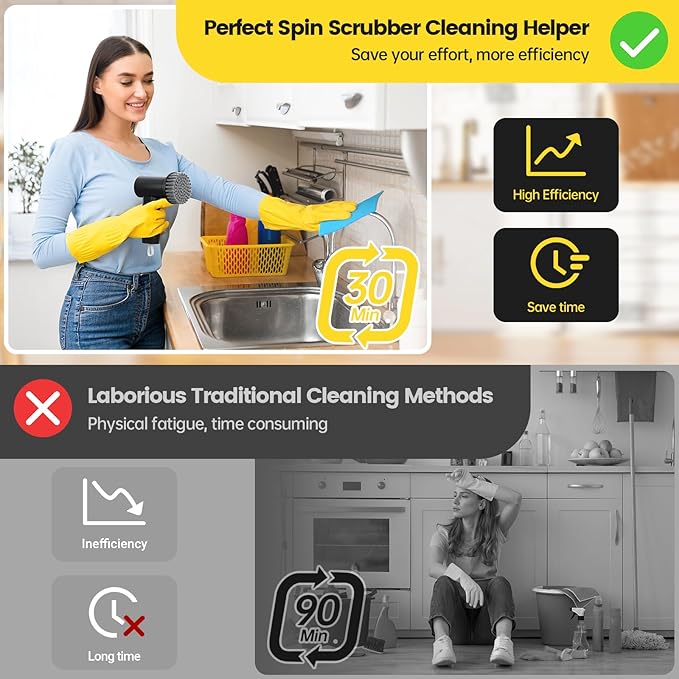 Electric Spin Scrubber, 3000 mAh Cordless Power Scrubber with 8 Replaceable Heads, Dual Speed Lightweight Handheld Scrubber for Cleaning Stove/Bowl/Sink/Corner/Tile/Grout (Black)