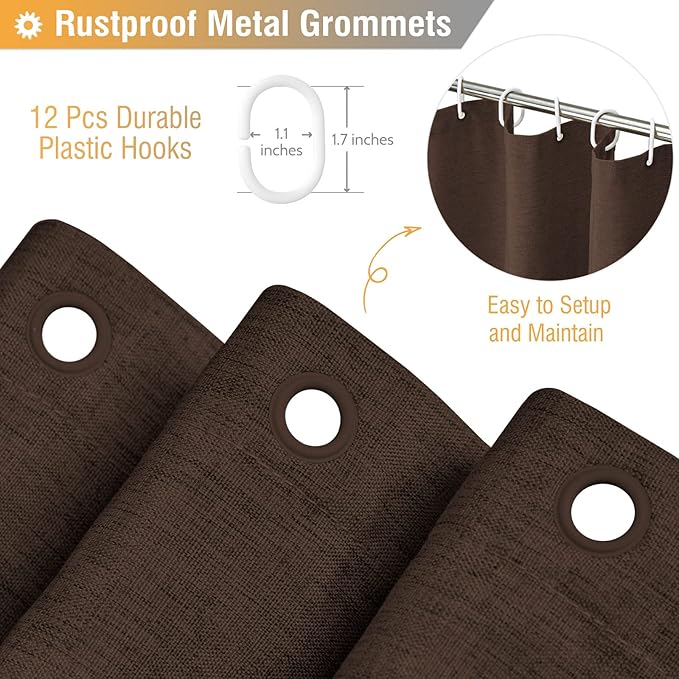 BTTN Brown Shower Curtain - Linen Textured Heavy Duty Waterproof Cloth Shower Curtain Set with 12 Plastic Hooks, Hotel Spa Luxury Simple Decorative Thick Fabric Shower Curtains for Bathroom - 72x72