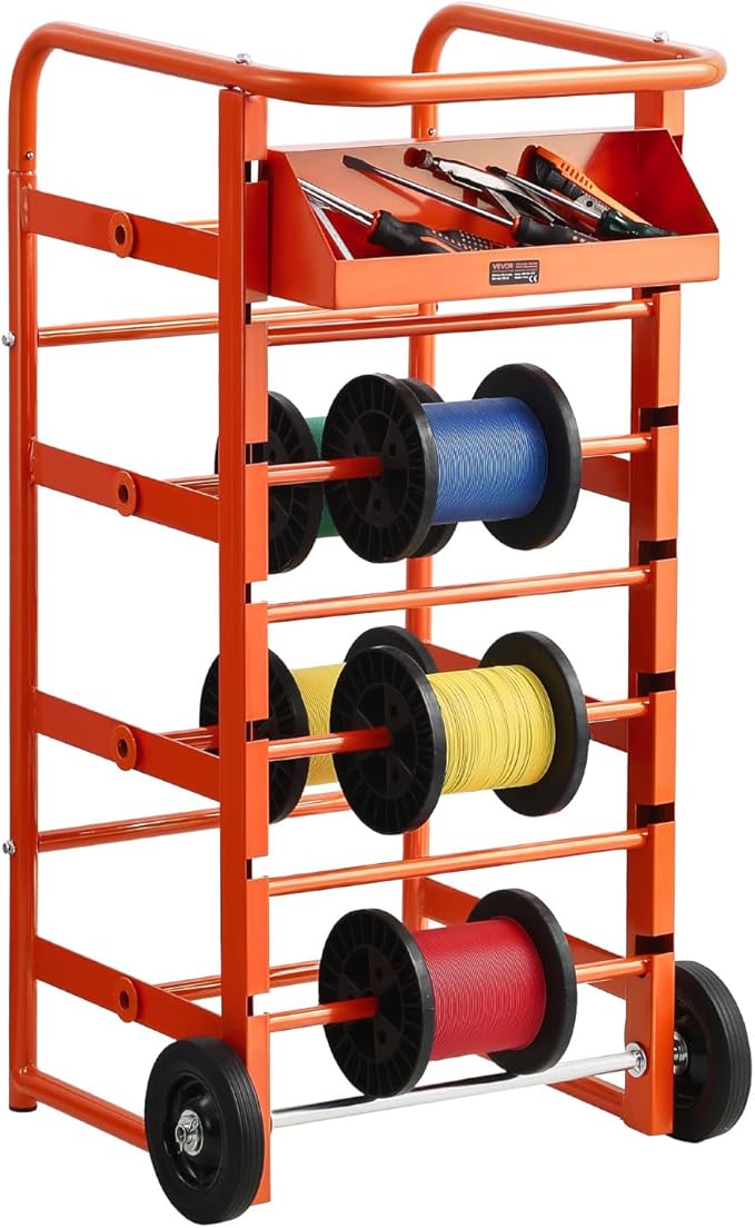 VEVOR Wire Spool Rack, 11 Rods, Multi-Spool Wire Rack Dispenser, Cable Caddy with Wheels, Cable Holder with Storage Tray for Wiring Storage, for Electrical, Industrial & Retail Use, Working Efficiency