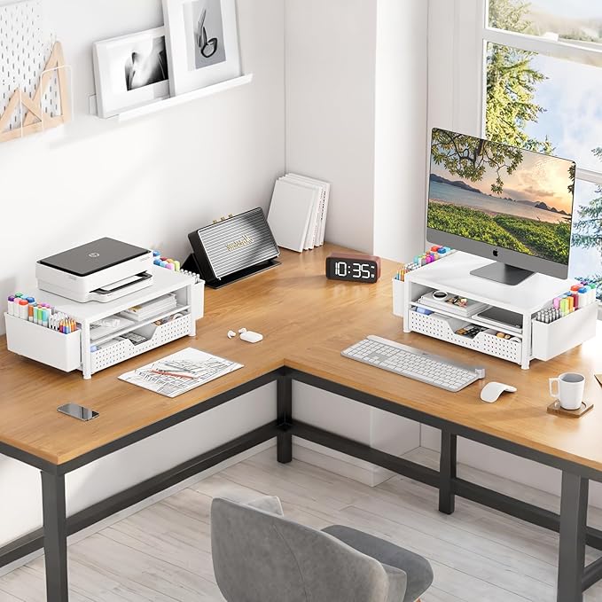 Wood Monitor Stand Riser, Laptop Stand for Desk, Office Desk Organizer and Accessories, Computer Desktop Shelf with Drawer and Pen Holder, Printer Stand for Home, Office, Dorm (White Wood)