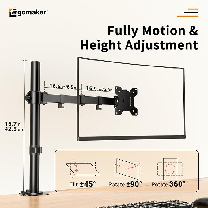 ERGOMAKER Single Monitor Mount for Desk, Monitor Stand Fits 13" to 27" LCD Screens, Fully Adjustable Display Arm with C-Clamp and Grommet Base, VESA 75x75 100x100mm, Black