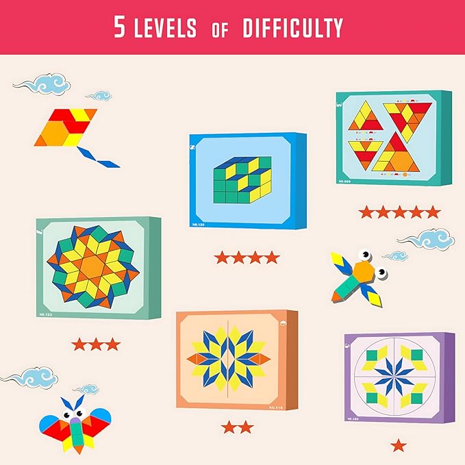 248 Pcs Wooden Magnetic Pattern Block Set with Cards, Pen & Storage Bag, Montessori STEM Tangram Puzzle Toys for Toddlers 4 5 6 7 8, Educational Brain Teaser Gift for Boys Girls