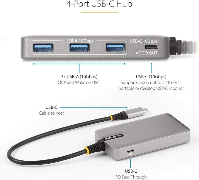StarTech.com 4-Port USB-C Hub with USB-C DP Alt Mode Video Output 4K 60Hz - 3x USB-A, 1x USB Type-C, 100W Power Delivery Pass-Through, USB 3.2 10Gbps, 1ft/30cm Cable, Portable USB Hub (HB31C3A1CDPPD3)