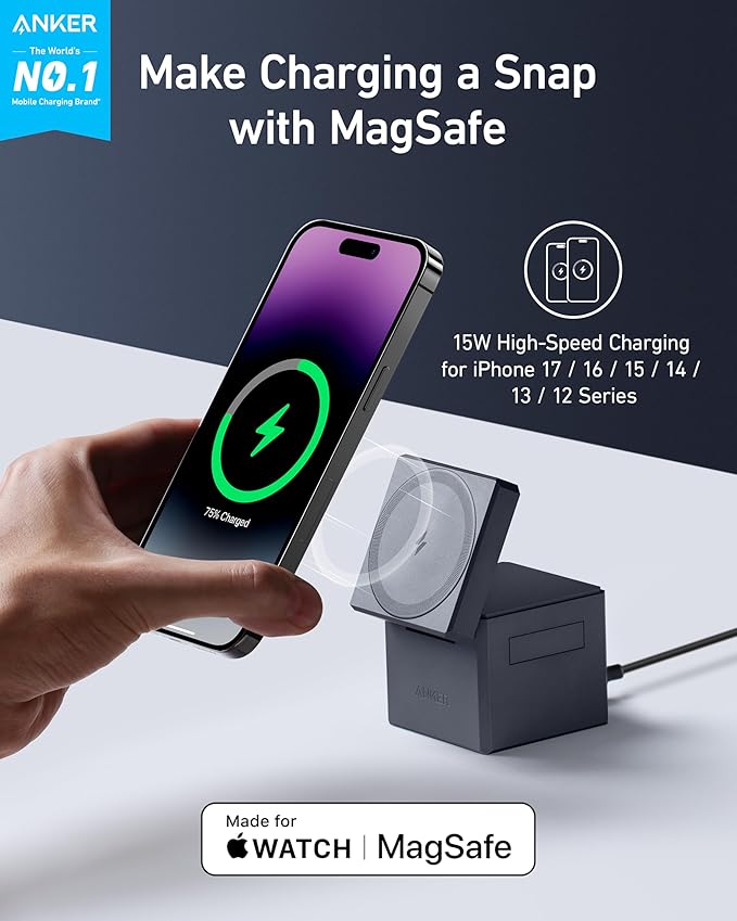 Anker MagSafe Charger Stand, iPhone 16 Wireless Charger, 3-in-1 Cube with MagSafe, 15W Foldable Fast Charging Stand, For iPhone 16/15/14/13, Apple Watch 1-8/Ultra, AirPods (30W USB-C Charger Included)