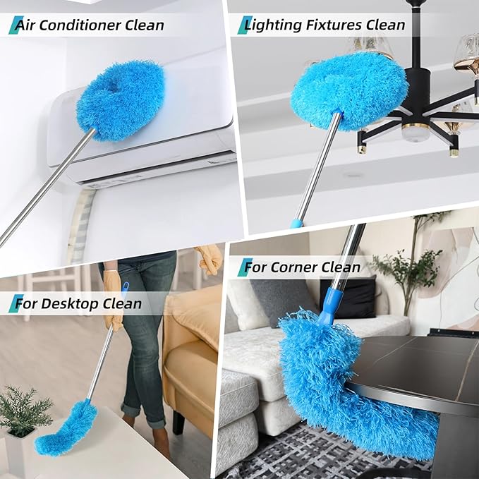 DRQ Ceiling Fan Cleaner Duster, 2 Pack Reusable Microfiber Duster with Extension Pole, 13 to 48 Inch Fan Blade Cleaner, Removable Dusters for Cleaning Walls Bookshelves Door Window Top (Blue)