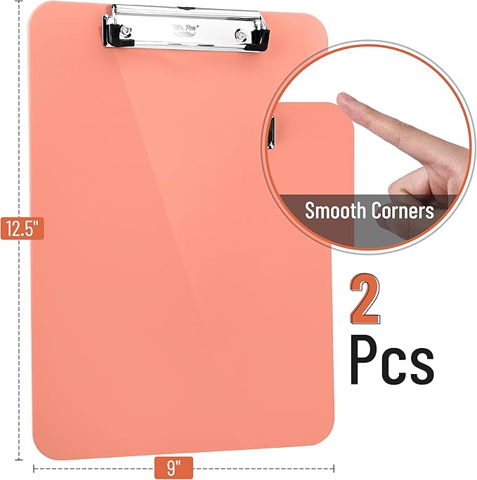 Mr. Pen- Plastic Clipboard, 12.5" x 9", 2 Pack, Coral Pink Clipboard Plastic, Low-Profile Metal Clip with Retractable Hanging Hole