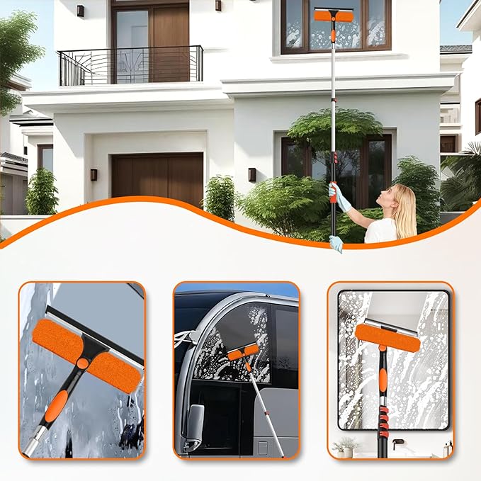 20FT Telescoping Window Squeegee Kit | 2-in-1 Professional Window Washer & Microfiber Scrubber with Extension Pole | High Reach Cleaning Tool for Outdoor, Indoor Windows & Glass