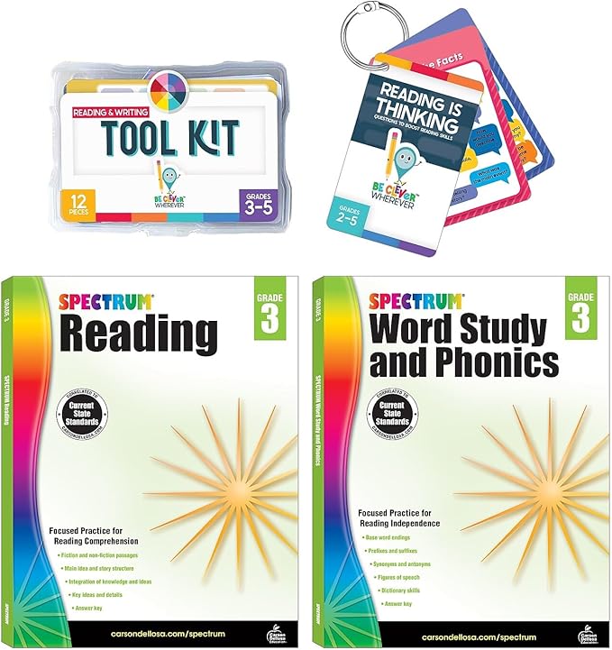 Carson Dellosa 31-Piece Reading Comprehension 3rd Grade Teaching Supplies, Spectrum Grade 3 Reading, Word Study and Phonics Workbooks, Writing Tool Kit, and Reference Flash Cards