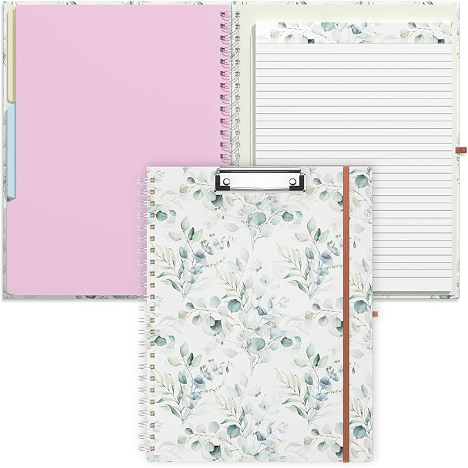 Rimilak Spiral Clipboard Folio with Refillable Lined Notepad, 14.5 x 9.8 In, Hardcover Cover with 5 Interior Pockets, Elastic Band and Pen Loop Series. Cute Stylish Clipfolio, Green Leaves