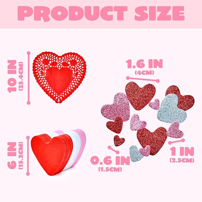 JOYIN 102 PCS Valentines Day Glitter and Foam Heart Doilies, Tableware Decoration, Home Activitie, Red White Pink Heart Doilies, Kitchen Disposable Table Crafts