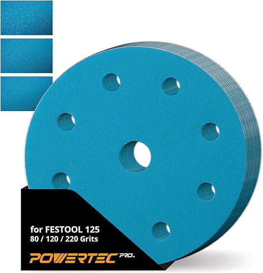 POWERTEC PRO 45PK, 5 Inch 9 Holes Assorted Sanding Disc, 80/120/220 Grit, Ceramic Hook and Loop Backing Discs for Festool Orbital Sanders - Automotive, Paint, Metal, Woodworking (45900C-45)