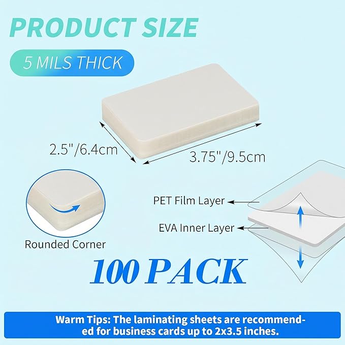 Calenzana 100 Pack 2 x 3.5 Laminating Sheets, 2.5x3.75 inch Thermal Laminating Pouches, 5 Mil