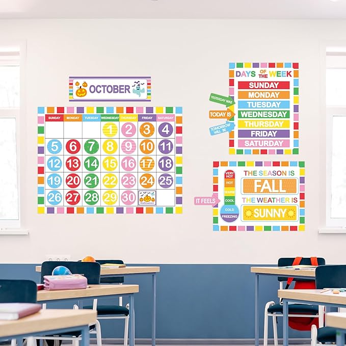 Rainbow Classroom Calendar Bulletin Board Set Colorful Calendar Bulletin Board Set for Rainbow Classroom Decoration with Hook and Loop Dot Stickers