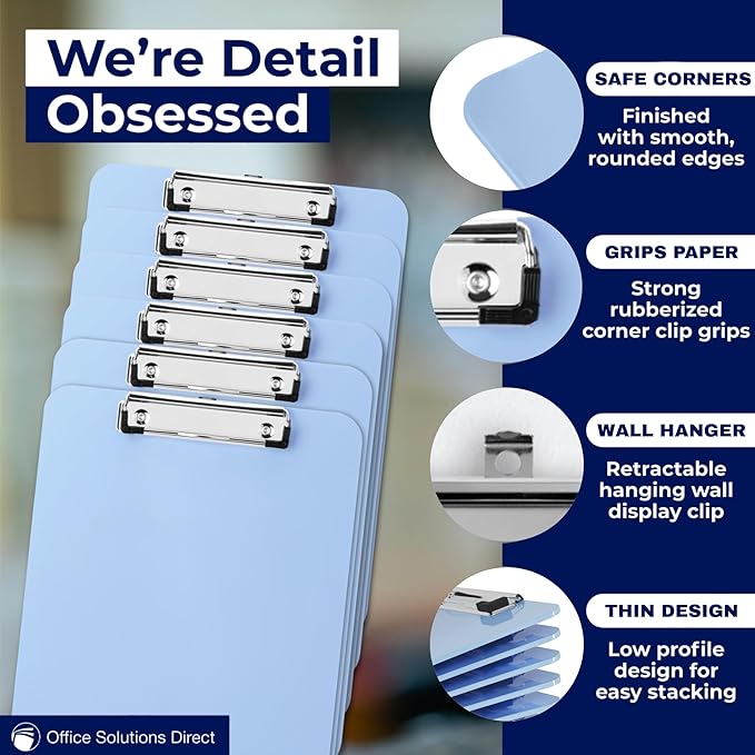 Light Blue Plastic Clipboard with Low Profile Clip (Pack of 6) - Letter Size Clipboard Blue with Flat Clip, A4 Size Acrylic Clip Board for Boys and Girls | Cute College & Back to School Supplies