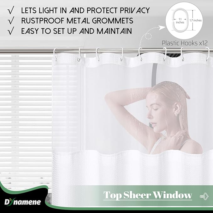 Dynamene Extra Long Shower Curtain, 84 Inch Long Waffle Fabric Shower Curtain for Bathroom, Tall Waterproof Cloth Shower Curtain Liner Set with Hook, Snap in Liner, Mesh Top Window, White, 72x84