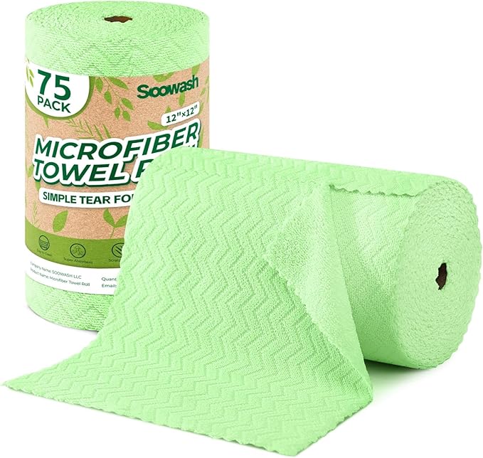 Microfiber Cleaning Cloths Roll, 75 Pack Tear Away Microfiber Towels Roll, 12" x 12" Lint Free Rags, Reusable Cleaning Cloths, Washable, Scratch Free,Ultra Absorbent Dish Rags(Green Ripple)