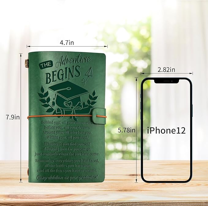 PRSTENLY Graduation Gifts Leather Journal, Graduation Gifts for Her Him 140 Page Refillable Journal, High School University College Graduation Gift Ideas for Women Men(Green)
