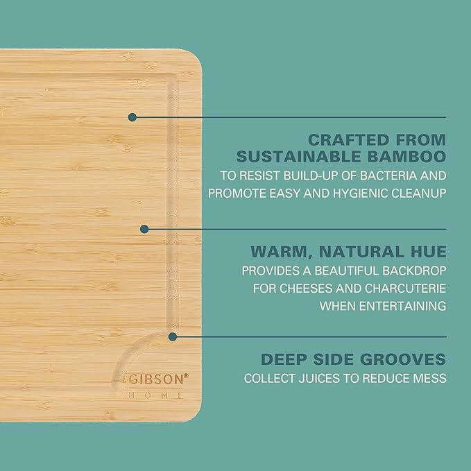 Gibson Home Forestview 2-Piece Bamboo Cutting Board Set – 15" & 12" Wooden Durable Kitchen Chopping Carving Boards with Juice Grooves, Oil Finished