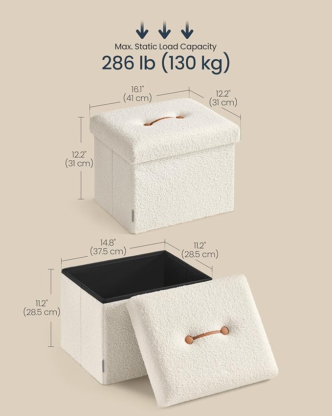 SONGMICS Small Folding Storage Ottoman, Foot Rest Stool, 12.2 x 16.1 x 12.2 Inches, Ottoman with Storage, Load up to 286 lb, for Living Room, Bedroom, Dorm, Cream White ULSF094W01