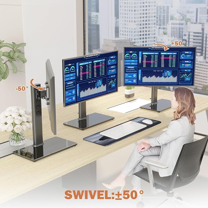 Hemudu 2 Pack Single LCD Computer Monitor Free-Standing Desk Stand Riser for 13 inch to 32 inch Screen with Swivel, Height Adjustable, Rotation, Holds One (1) Screen up to 77Lbs(HT05B-201)