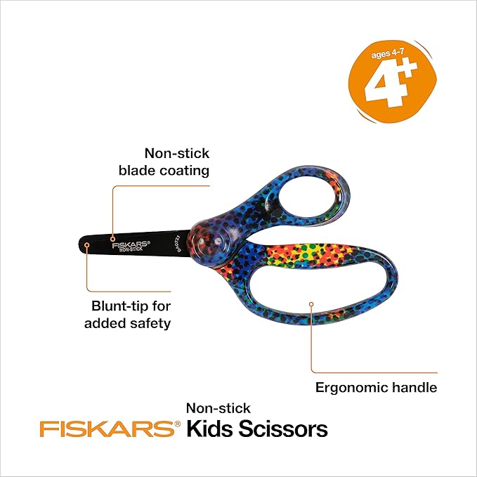 Fiskars Designer Non-stick Blunt-tip 5" Kids Scissors, Bright Pixels