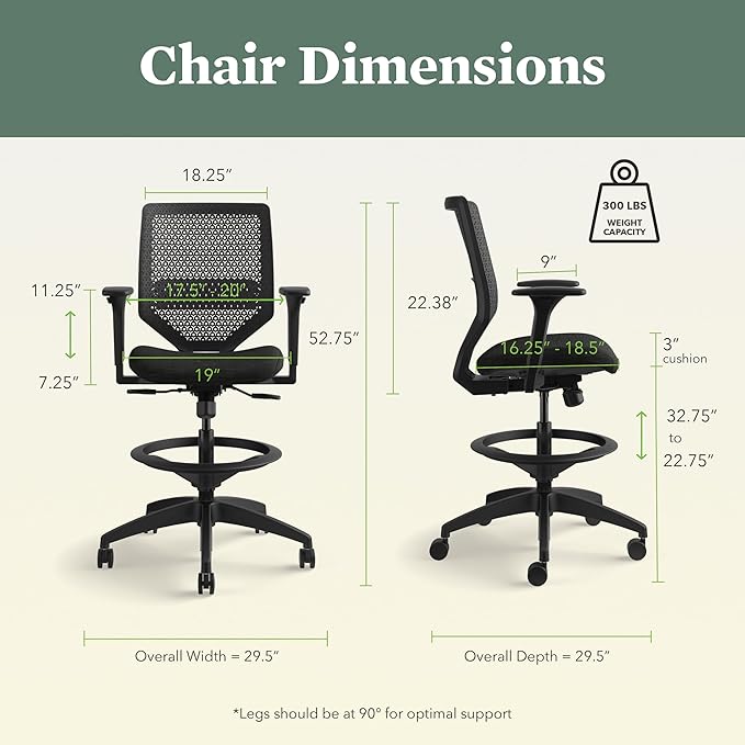HON Solve Standing Desk Chair with Lumbar Support. ReActiv High Back Support, Ergonomic Office Chair with Foot Rest, Adjustable Height