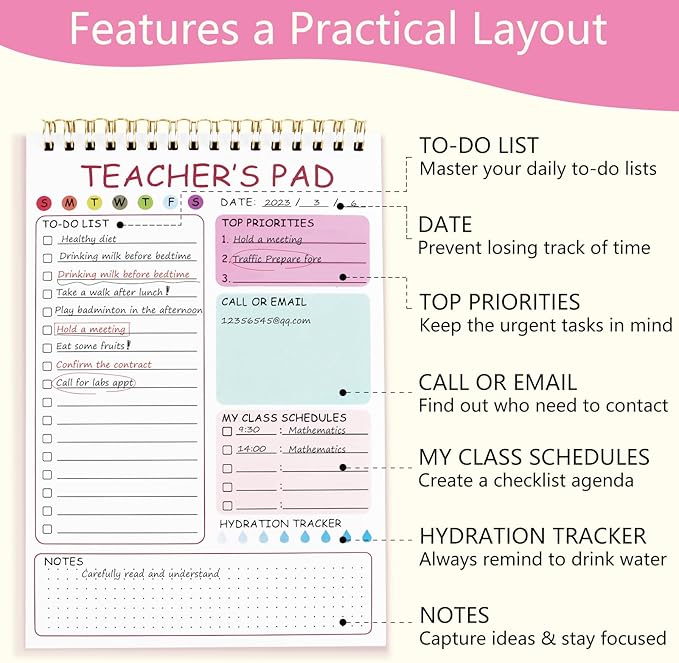 Newkita Teacher To Do List Notepad, 8.3x5.8 Inch Teacher Notepad, Spiral Checklist Notebook for Class Schedules, Daily Planner, School Tasks and Goal Setting (Pink)