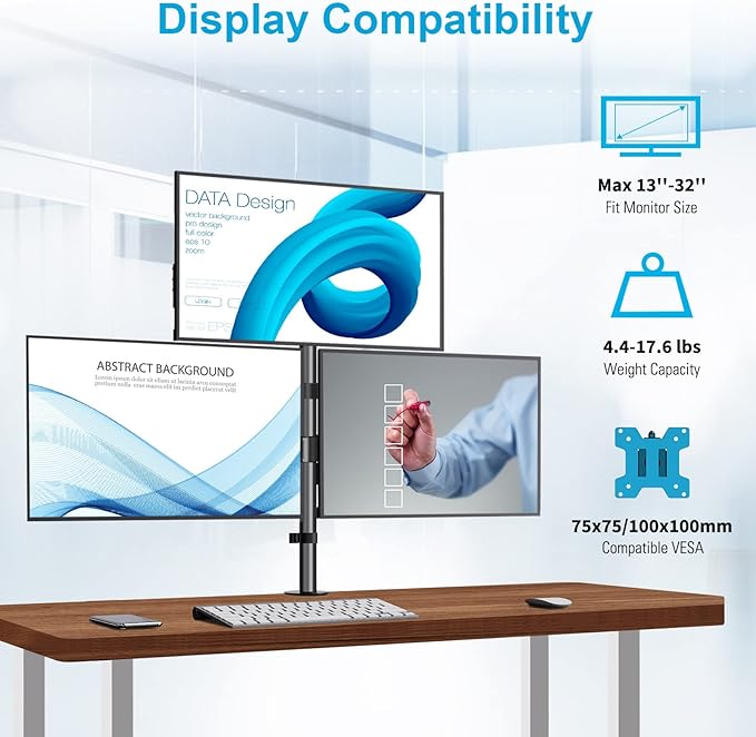 MOUNTUP Triple Monitor Stand, Height Adjustable Monitor Desk Mount Fit for 17 to 32 Inch Computer Screens, Stacked Monitors Arm for 3 Monitors, with C-Clamp and Grommet Base, up to 17.6lbs per Arm