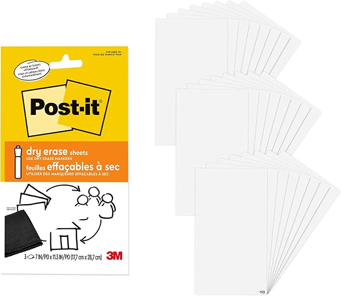 Post-it Dry Erase Sheets, 7 in x 11.3 in, 24 Sheets, Sticks Securely and Removes Cleanly