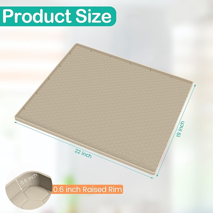 Waterproof Under Sink Mat 22" x 19", Silicone Cabinet Liner, Rubber Protector for Kitchen and Bathroom, Keeps Cabinets Clean, Dry, and Organized (Khaki)